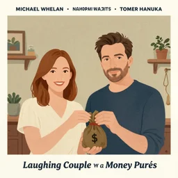 poster artwork by Michael Whelan and Tomer Hanuka, Karol Bak of Naomi Watts & Jon Hamm husband & wife portrait, in the pose of 'Laughing Couple with a Money Purse' painting, from scene from Twin Peaks, clean, simple illustration, nostalgic, domestic, full of details