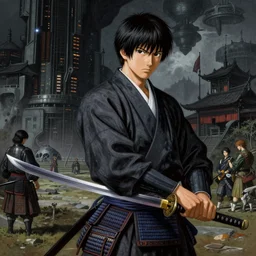 very detailed painting of samurai with a katana by kentaro miura!, dark futuristic world, by jan van eyck, hajime sorayama, mysticism, intricate, highly ornate dark trim armoury, masterpiece, by gene wolfe, highly detailed, by gustave dore, black and white