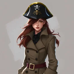 female pirate with trench coat and pirate captain's hat, brown hair, behance hd artstation, style of jesper ejsing, by rhads, makoto shinkai and lois van baarle, ilya kuvshinov, ossdraws