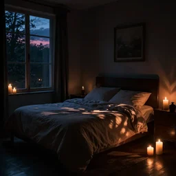 very dark night fantasy bedroom, candlelight, dusk, shadows