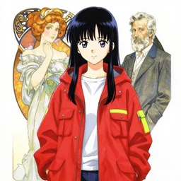 a copic maker manga illustration portrait by yoshiyuki sadamoto, alphons mucha norman rockwell, of an anime girl wearing a red cargo anorak neon brights, utility chic, sheer fabrics, zippers, belts & velcro galore, big techno watches, cargo pants chic'techno fashion trend by issey miyake and balenciaga 8 k