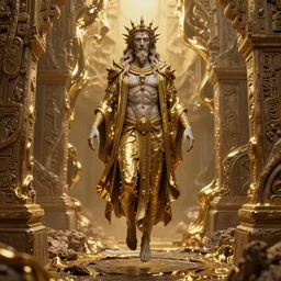 Photo portrait of a surreal god floating in the middle of a ancient wood, gold fluid simulation in the background, ultra super good realistic 3D render by Pete Morbacher and Emil Melmoth, insanely detailed, trending on artstation, sharp focus