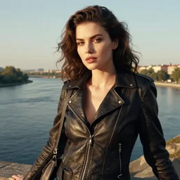 woman wearing a leather jacket, scenic view of river, in the style of ilya kuvshinov and rossdraws and artgerm, sexy, hot