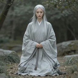 “full body portrait, silver haired beautiful young sage women”