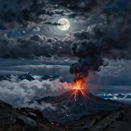 painting by sargent and leyendecker and greg hildebrandt savrasov levitan kuindzhi aiwazovsky gorgeous fantasy landscape deep dark night and moonlight above the layered low clouds on iceland volcano eruption alaska overcast storm masterpiece