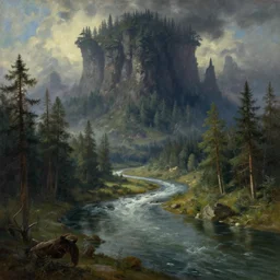 fantasy medieval river landscape, beautiful mystical view, massive magic dark forest in the distance, surrounded by pine trees, artstation, unreal render, 8 k, oil painting, painted ruan jia raymond swanland lawrence alma tadema zdzislaw beksinski norman rockwell tom lovell alex malveda greg staples