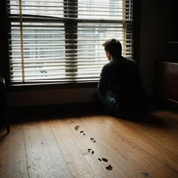 title card : breadcrumbs footsteps against a wooden floor are heard from inside the building. a man peers through the blinds of the room, looking out into the streets.