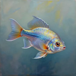 A beautiful painting of a flying metal cichlid fish by BASTIEN LECOUFFE DEHARME, Trending on artstation