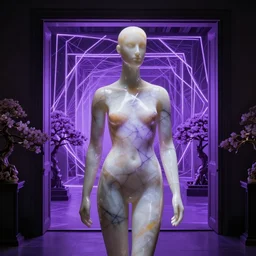 beautiful mannequin sculpted out of onyx by billelis + lit with geometric neon printed lavender kintsugi + doorway opening to a new dimension with geometric fractal vaporwave light + flowering bonsai trees!!!!, transcendent, clean linework, dramatic, moody, confident, finely detailed, 4 k, trending on artstation, award winning, photorealistic, volumetric lighting, octane render