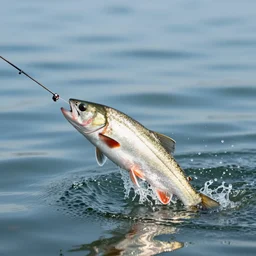 closeup of a fish jumping out of the water as a fisherman reels him in