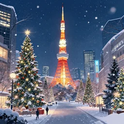 illustration of tokyo with many lights and lens flares, snowy winter christmas night