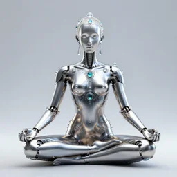 a metallic cyborg with glass ornaments experiencing nirvana while meditating