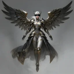 a highly detailed illustration of white haired pale lady wearing dieselpunk armor dress with iron wings and blindfold, dramatic floating pose, intricate, elegant, highly detailed, centered, digital painting, artstation, concept art, smooth, sharp focus, league of legends concept art, wlop