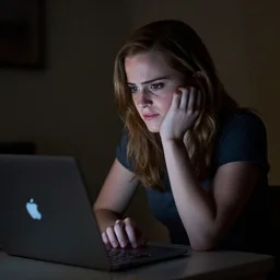 emma watson looking at her macbook in disgust, dimly lit, computer light
