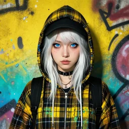 highly detailed portrait of a sewer punk lady student, blue eyes, tartan hoody, hat, white hair by atey ghailan, by greg rutkowski, by greg tocchini, by james gilleard, by jesper ejsing, by kaethe butcher, gradient yellow, black, brown and cyan color scheme, grunge aesthetic!!! ( ( graffiti tag wall ) )