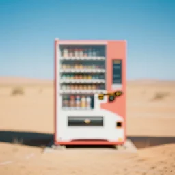 blurry vibrant surreal dream like image of a vending machine in the middle of the dessert at broad daylight taken using dream recording device