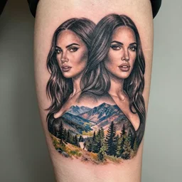 double exposure effect tattoo sketch of megan fox and beautiful mountain scenery, realism tattoo, in the style of brandon kidwell