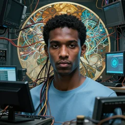 zoomed out, a dark male in light blue clothes, crowded with wires and computers and neural networks, realistic face, zoomed out, sci - fi, ai, 4 k realistic, artem demura. alphonse mucha.