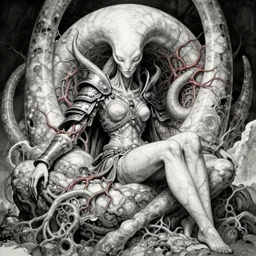 naraka buddhist demon korean female, relaxed female alien, epic samurai warrrior, tubular creature, blood vessels, no face, dystopian surrealism, alex ries zdzisław beksinski, symmetrical long head, smooth marble surfaces, smooth marble surfaces, detailed ink illustration, detailed ink illustration, raiden metal gear, cinematic smooth stone, deep aesthetic