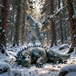 hyper realistic photography of sleeping kaiju in the winter forest moebius, craig mullins, simon stalenhag, jakub rozalski