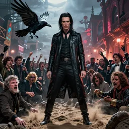highly detailed full body portrait of nick cave as sandman from dc comics fighting a large crowd, the crow, sin city, unreal engine, global ilumination, scary atmospheric lighting, sharp focus, vivid color scheme, gothic fantasy art by cristian sauret, greg rutkowski, lee bermejo, carlos huante, artgerm, makoto shinkai and clay mann
