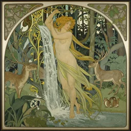 art - nouveau painting of blonde nymph with curly hair bathing underneath waterfall inside forest, vines deers and squirrels in the background