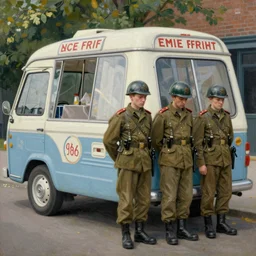 painting of sad soldiers standing by a 1 9 8 0 s english ice cream van by emile friant