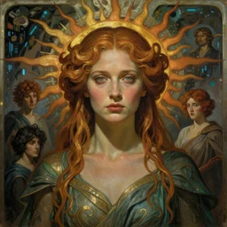stunning, breathtaking, awe-inspiring award-winning concept art nouveau painting of attractive Tilda Swinton as the goddess of the sun, with anxious, piercing eyes, by Alphonse Mucha, Michael Whelan, William Adolphe Bouguereau, John Williams Waterhouse, and Donato Giancola, cyberpunk, extremely moody lighting, atmospheric, cinematic, 8K