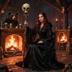 kate beckinsale weared in black necromantic robe,  with staff and scull on the top holding in hand, sit in fantasy tavern near fireplace, behind bar deck with bear mugs, medieval dnd, colorfull digital fantasy art, 4k