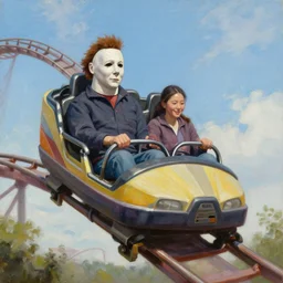 portrait painting of Michael Myers having fun in a roller coaster, beautiful sky, sunny, happy, sharp focus, wide shot, trending on ArtStation, masterpiece, by Greg Rutkowski, by Ross Tran, by Fenghua Zhong, octane, soft render, oil on canvas, colorful, cinematic, environmental concept art