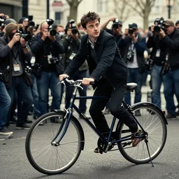 photography of daniel radcliffe stealing a bike, dramatic, paparazzi photography