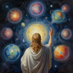 artistic painting of God overlooking and admiring multiple universes, highly detailed