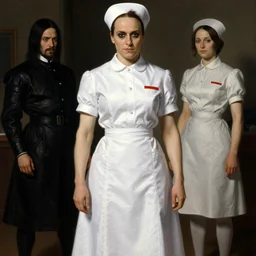 tony soprano, nurse uniform, nurse dress, skirt, nursing, white skirt, white blouse, battle angel alita. by rembrandt 1 6 6 7, illustration, by konstantin razumov, by william - adolphe bouguerea