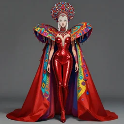 a female full - body character design, concept art, wearing psychedelic high fashion, a red sequined bodysuit, beads hanging over her face like an alexander mcqueen headdress, costume by eiko ishioka, haute couture, and a red cape, by moebius, steven outram, colorful and psychedelic, hd, 8 k, artstation, high quality