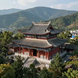 traditional chinese temple in yunnan, seen from above surrounded by mountains and forest, greg rutkowski, andreas rocha, realism, concept art