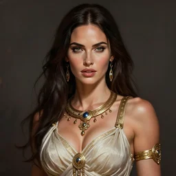 portrait of megan fox, muscular upper body, greek, jewelry, fantasy, intricate, elegant, highly detailed, digital painting, artstation, concept art, matte, sharp focus, illustration, art by aenaluck and roberto ferri and greg rutkowski, epic fantasy, digital painting