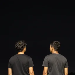two men staring at a completely black sky at night