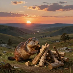 a renaissance painting of a fat marmot building a log cabin in a beautiful expansive valley, sunset in background