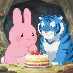 big pink bunny and a big blue tiger, baking a cake in a cave, anime art, high resolution 4 k, by makoto shinkai and beeple