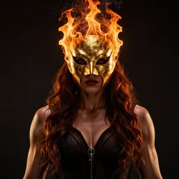 Kat Dennings wearing golden mask, hair like fire, muscular, in dark soul