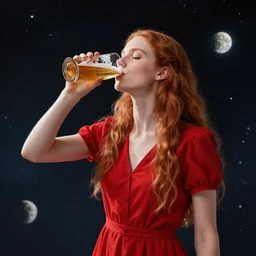 red - haired thin girl in a red dress drinks beer in space