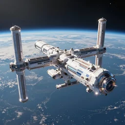 beautiful futuristic space station above earth, highly detailed, photorealistic 8 k, massive scale, perfectionism, soft lighting, translucid luminescence, lumen reflections