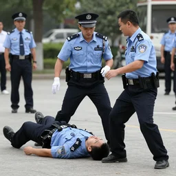 policeman performing a lobotomy on another policeman, photorealistic