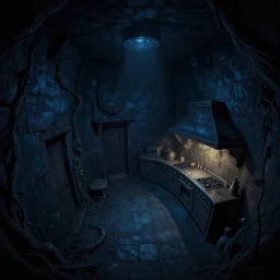 dark dark dark night night night underground basement, dark walls walls walls, fisheye spiral, naive, extra narrow, detailed illustration of a kitchen, large floor, dungeon lighting by rhads from lorax movie, trending artstation, dark blue, vines crawling, tavern