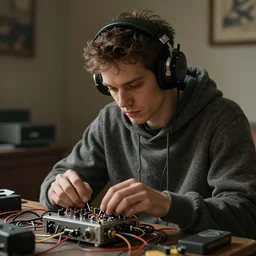 an intricate concept art portrait of a man with a hoodie with headset repairing a machine on his bedroom, style ivan talavera and artgerm, hyper realistic, photo - realistic, octane render, artstation, cgsociety, cinematic light