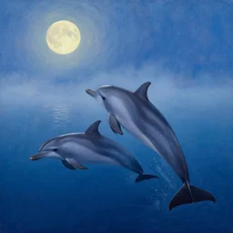 huge pod of dolphins spotted off laguna beach in california, soft moon light, fog, fuzzy iridescent glare, deep blue mood, poster art, high detail, intricate oil painting, by stanley kubrick