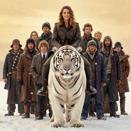 face portrait of mila kunis riding mounted on a fat chonky large white tiger, wintery scene, snow storm, golden hour, donato giancola, joseph christian leyendecker, lilia alvarado, sophie anderson, mark arian, bob byerley, charlie bowater, mark brooks, justin gerard, ross tran, wlop, william adolphe bouguereau