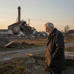 a sad solitary old man looks on as in the evening sunlight as in the distance a factory is demolished, in the style of rudolf ernst