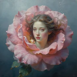 hyperdetailed underwater oil painting portrait of a rose flower goddess floating in mist. by greg rutkowski, highly detailed, digital painting, artstation, smooth, sharp focus illustration, artstation hq. intricate, elegant. art by wlop and artgerm and greg rutkowski, alphonse mucha, medium shot. dan mumford, tomokazu matsuyama, takato yamamoto