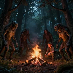 Gathering of cryptids in a forest at night while Alex Jones spies on them, bonfire, creepy, shadows, creatures, cryptids, trending on artstation, featured on behance